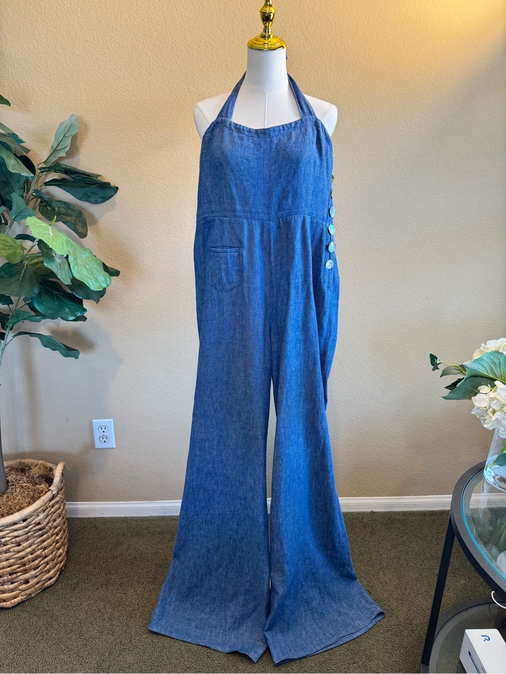 Anthropologie Elevenses Halter Wide-Leg Linen Jumpsuit Side Buttons Denim Sz 10